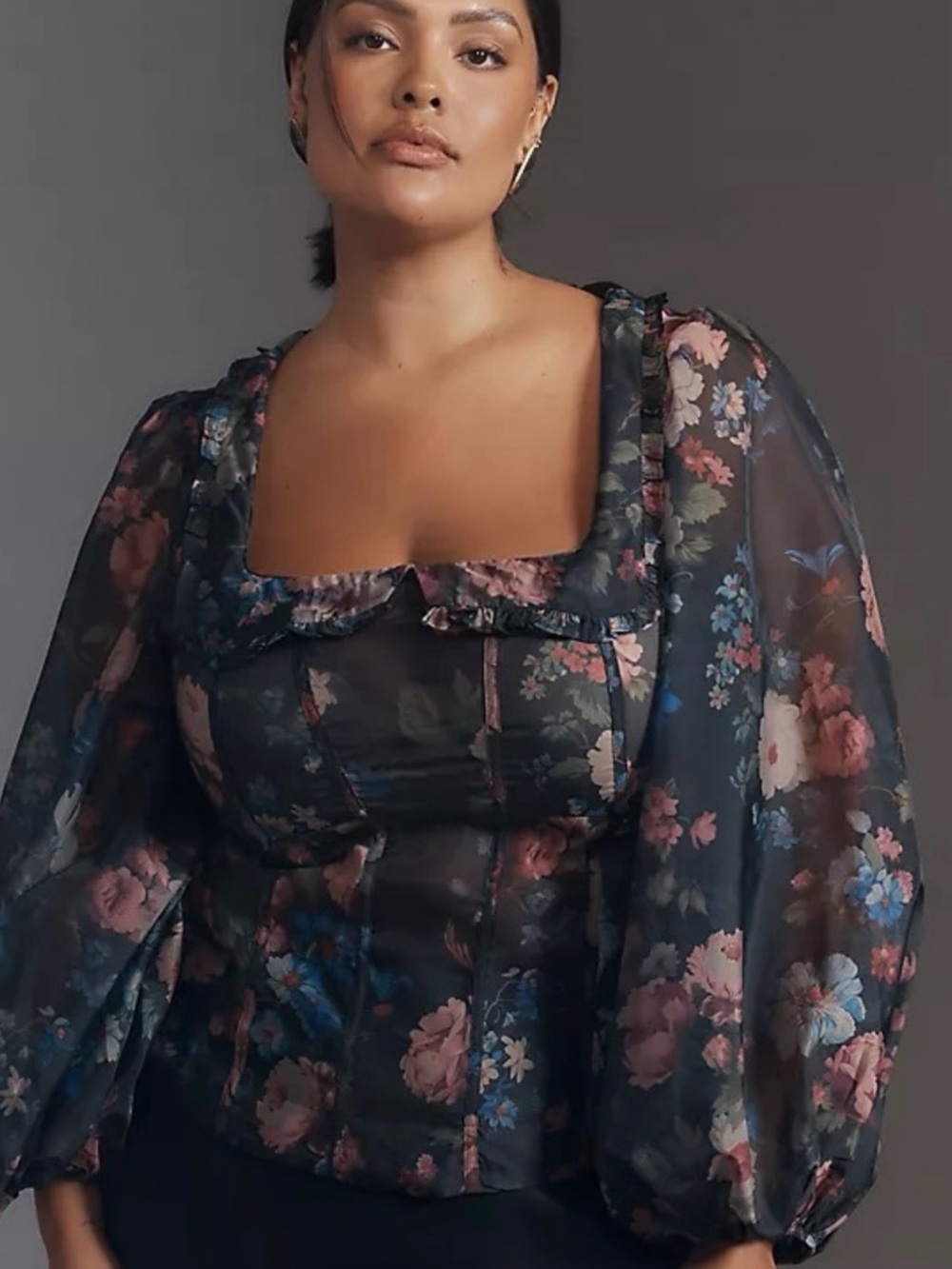 Anthropologie By Anthropologie Floral Sheer Corset Top Puff Sleeve Square Neck M